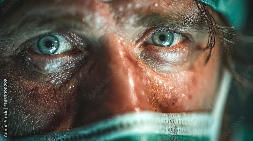 CloseUp of a SweatDrenched Face with Intense Blue Eyes Wearing Protective Gear CloseUp of a SweatDrenched Face with Intense Blue Eyes Wearing Protective Gear