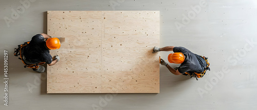 Two Construction Workers Assembling Wood Panel