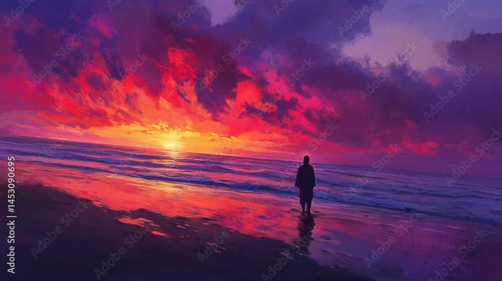 Fototapeta premium Solitary Sunset: A Figure Silhouetted Against a Fiery Sky