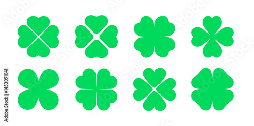 Clover four leaf vector shamrock icon. St Patrick luck clover good irish green heart flat shamrock isolated symbol