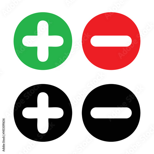 plus and minus icon.
Add and subtract symbols in circular shapes. Buttons for voting, selecting elections. For web and app. Vector