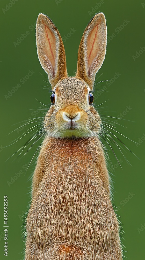 Fototapeta premium Standing hare poses, green background, detailed fur texture