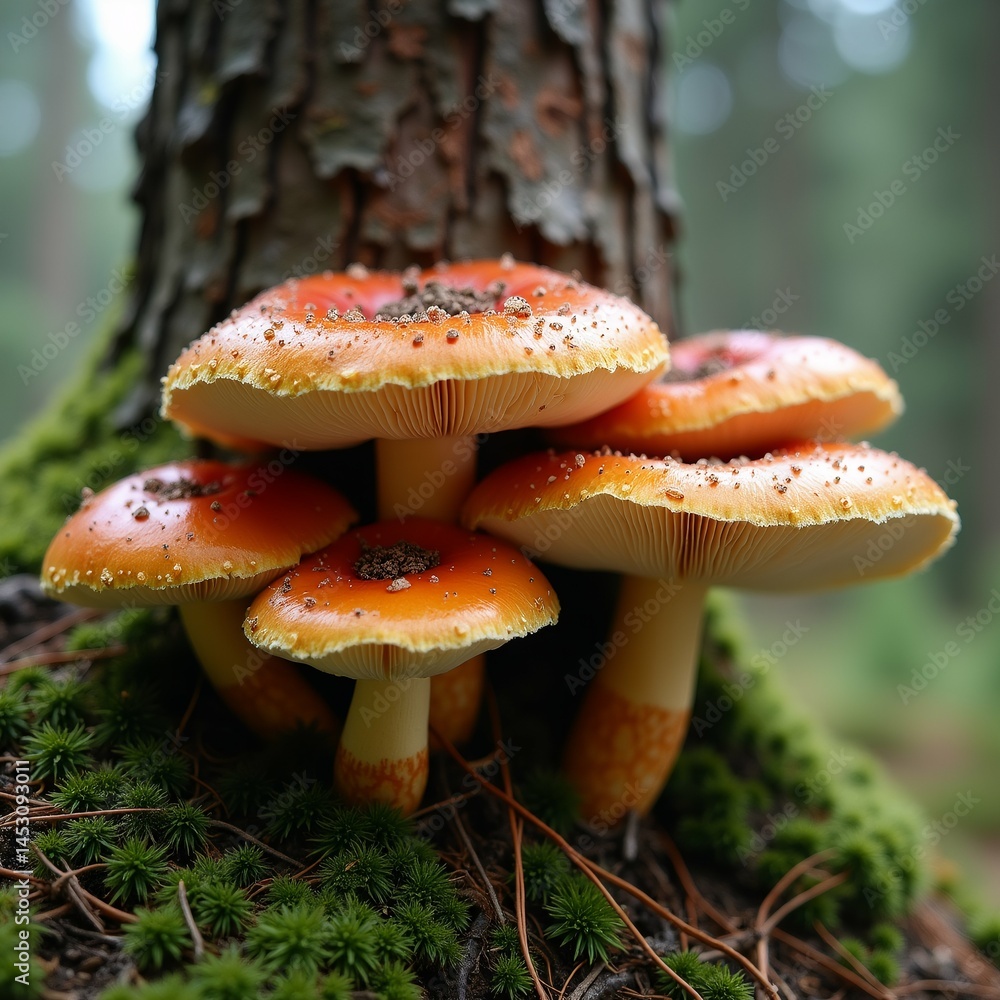 Fototapeta premium group orange mushrooms growing bark tree forest mushrooms round cap white underside red center caps covered small white spots which appear fungus tree trunk covered green moss few twigs twigs