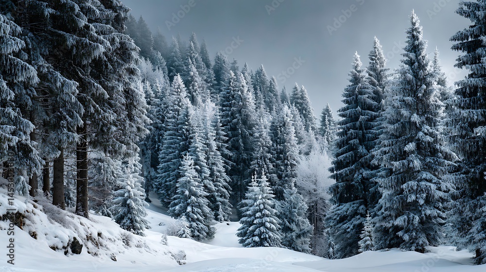 Snow-covered trees create a tranquil winter forest Snow-covered trees create a tranquil winter forest