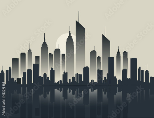 Modern city skyline silhouette gradient buildings reflection effect. City skyline metropolis downtown minimal background.
