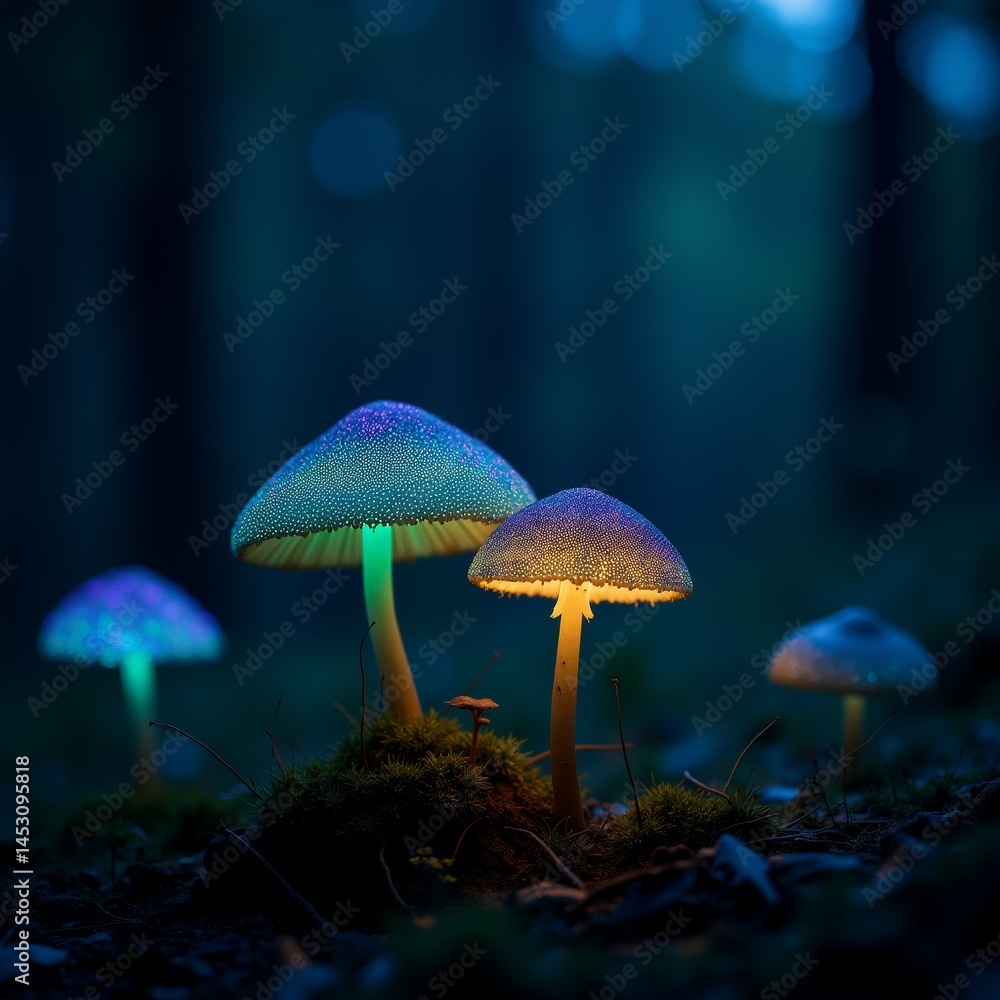 Fototapeta premium group mushrooms forest night mushrooms illuminated soft blue light creating dreamy ethereal atmosphere background dark blurred making mushrooms stand out even more colors mushrooms vibrant overall