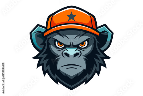 Angry Monkey Mascot: A stern gorilla mascot donning an orange cap with a star, embodies strength and intensity with its focused, determined gaze.