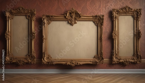 Elegant damask backdrop showcases antique frames, diverse shapes & sizes ,  texture,  shapes