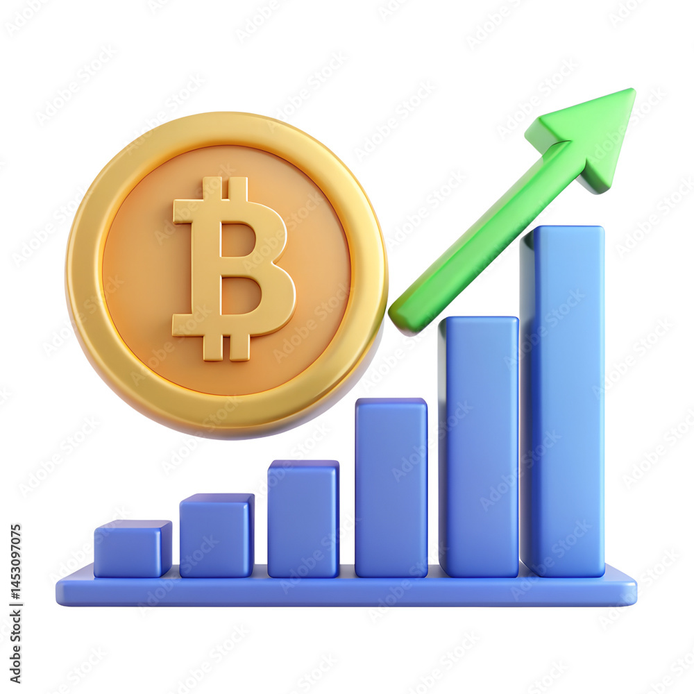 3D Bitcoin chart with up arrow 3D Bitcoin chart with up arrow