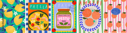 Summer. Italy. Amalfi. Vector illustration of Mediterranean Italian pattern with lemons, pesto sauce in jar, peaches, striped pattern and seafood paella for postage stamp, poster, or background