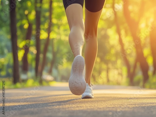 A person jogging in the early morning sunlight on a path through a park or forest.