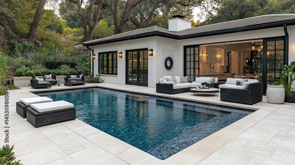 Fototapeta premium Modern poolside patio, hillside home, tranquil setting