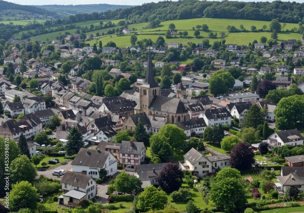 Aerial view of european village with church and green landscape Aerial view of european village with church and green landscape