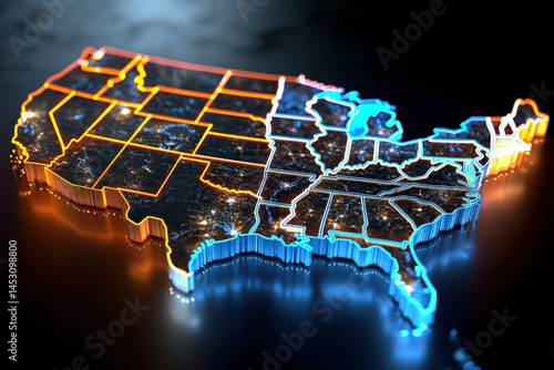 Futuristic neon map of the USA glowing brightly.