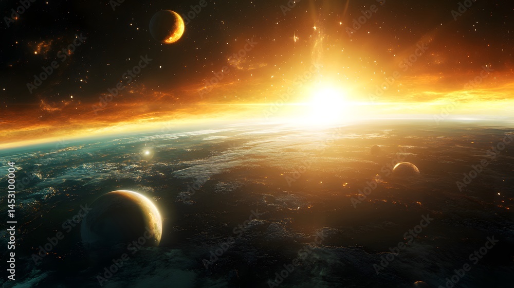 Obraz premium Solar System with Aurora Borealis: The solar system as viewed from Earth’s orbit, with the aurora borealis glowing over the planet while other planets are visible in the distance. 