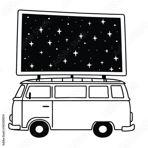 Hand-drawn classic camper van with starry night sky roof, perfect for travel and exploration themed projects.
