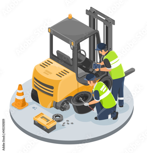 Two industrial technicians repairing a forklift wheel with safety equipment and tools on isolated platform during routine warehouse maintenance