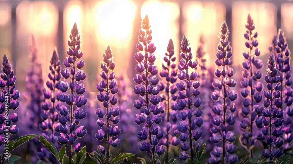 Fototapeta premium Beautiful field of purple flowers is bathed in the warm glow of the sun. The flowers are tall and slender, with delicate petals that seem to shimmer in the light. The scene is serene