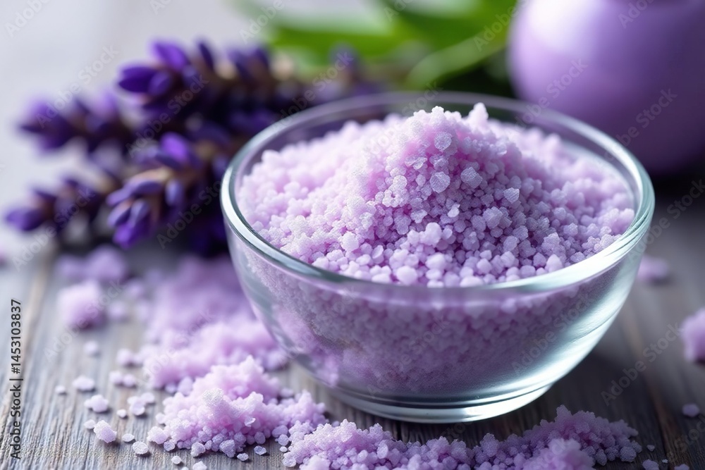 Lavender bath salts in a glass bowl, close-up, cleanliness, product, uplifting Lavender bath salts in a glass bowl, close-up, cleanliness, product, uplifting