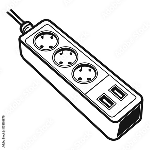 Black and white illustration of a power strip with multiple electrical outlets and USB ports, a minimalist vector design.