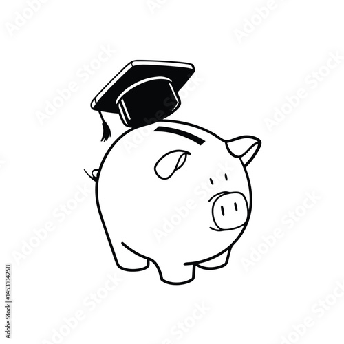 Piggy Bank Wearing Graduation Cap, Education Savings Concept in Black and White Line Art Illustration.