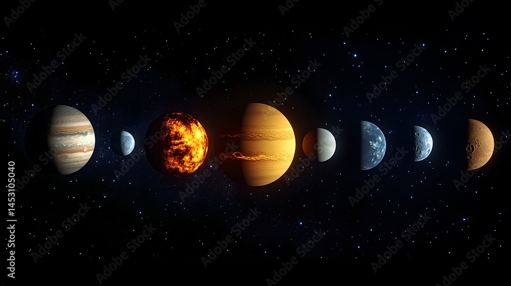 Fototapeta premium Solar System with Moons: The solar system with major moons of each planet visible, such as Titan orbiting Saturn and Europa near Jupiter. 