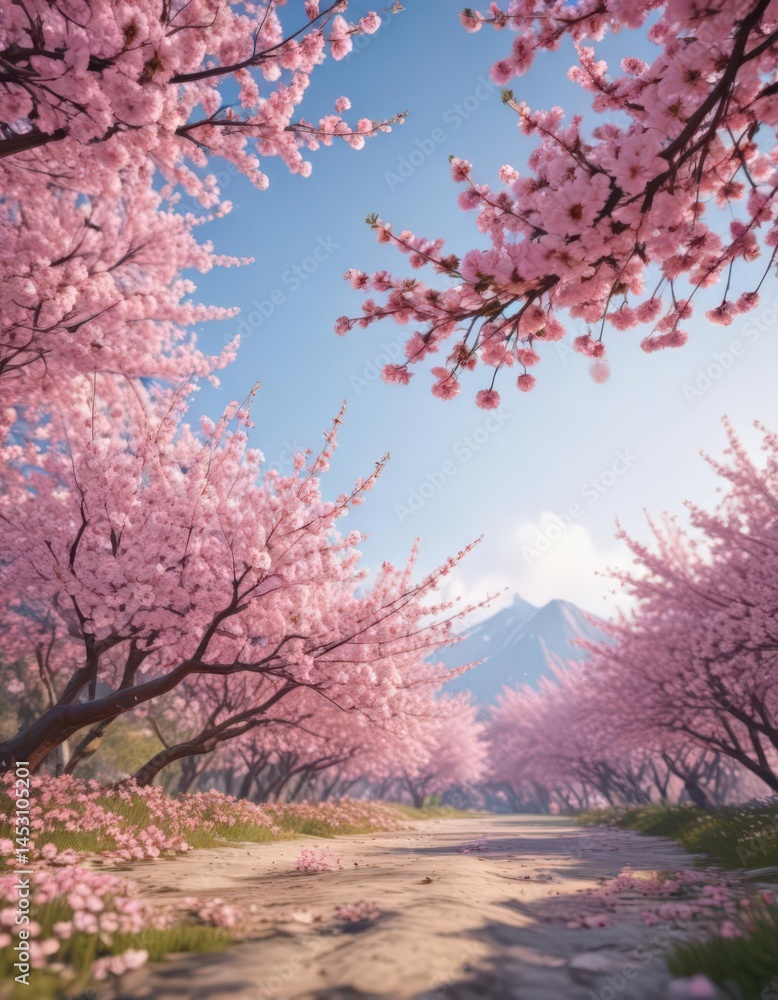 Delicate pink cherry blossoms frame a vibrant spring scene , soft, beautiful, cherry Delicate pink cherry blossoms frame a vibrant spring scene , soft, beautiful, cherry