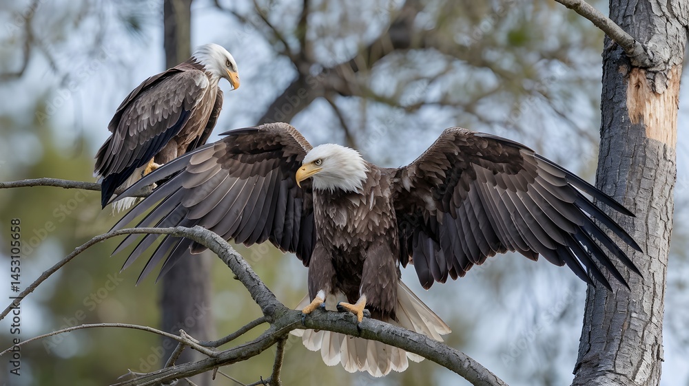 Fototapeta premium Majestic bald eagles perched in a tree, showcasing their powerful wings and sharp gaze