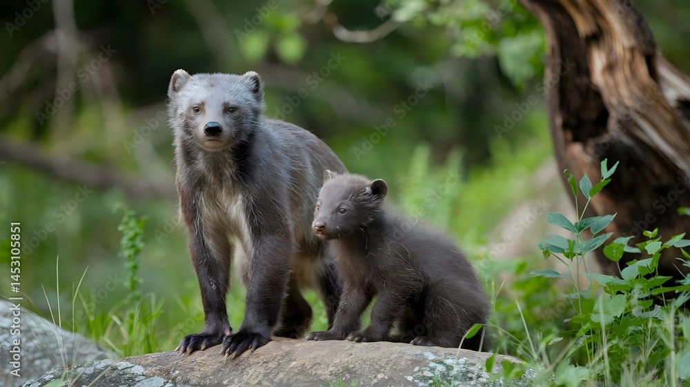 Fototapeta premium Wolverine and cub in the forest