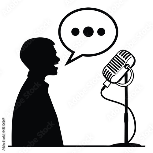Man speaking into vintage microphone with speech bubble, showcasing communication, presentation, and audio equipment in simple black and white.