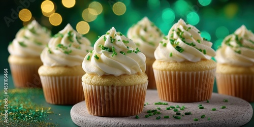 Vanilla cupcakes with green sprinkles on a platter in front of bokeh lights
