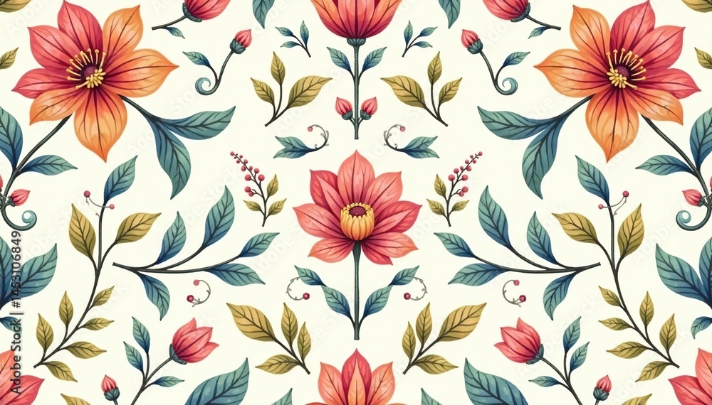 Intricate floral motifs interwoven with delicate leaves form a soft, elegant seamless pattern , spring, textile Intricate floral motifs interwoven with delicate leaves form a soft, elegant seamless pattern , spring, textile