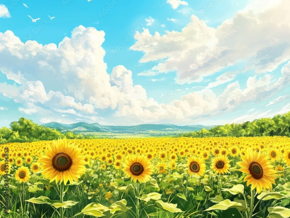 Vibrant yellow sunflower field under a bright blue sky with clouds.