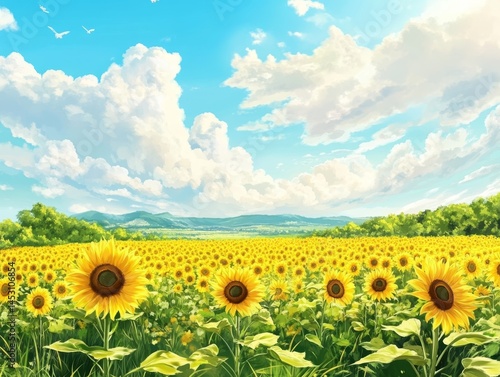 Obraz na płótnie Vibrant yellow sunflower field under a bright blue sky with clouds. w salonie