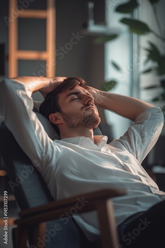 Obraz na płótnie A professional man relaxes at his desk with his eyes closed, hands clasped behind his head. He is dressed in business attire. w salonie