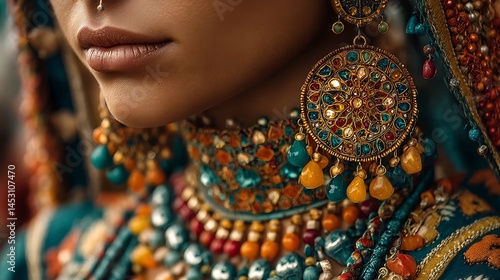 Woman adorned with intricate traditional jewelry