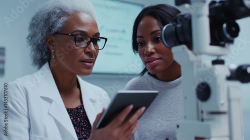 Two doctors in medical setting, discussing patient data and care plan.