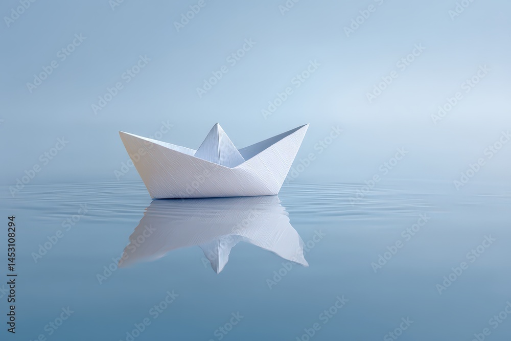 Obraz premium Paper boat floats on calm blue water reflecting serenity.