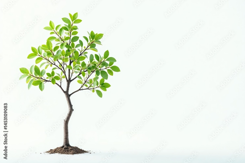 Obraz premium Single young tree, delicate leaves, white backdrop, forest, fragile