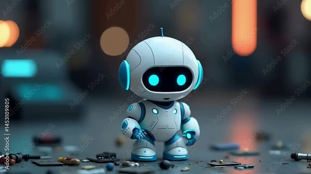 A cute futuristic robot with glowing blue eyes standing among ...
