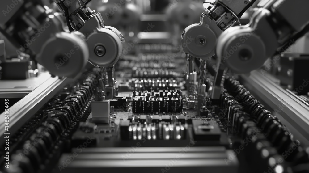 Fototapeta premium Automated assembly line of electronic components in a factory.