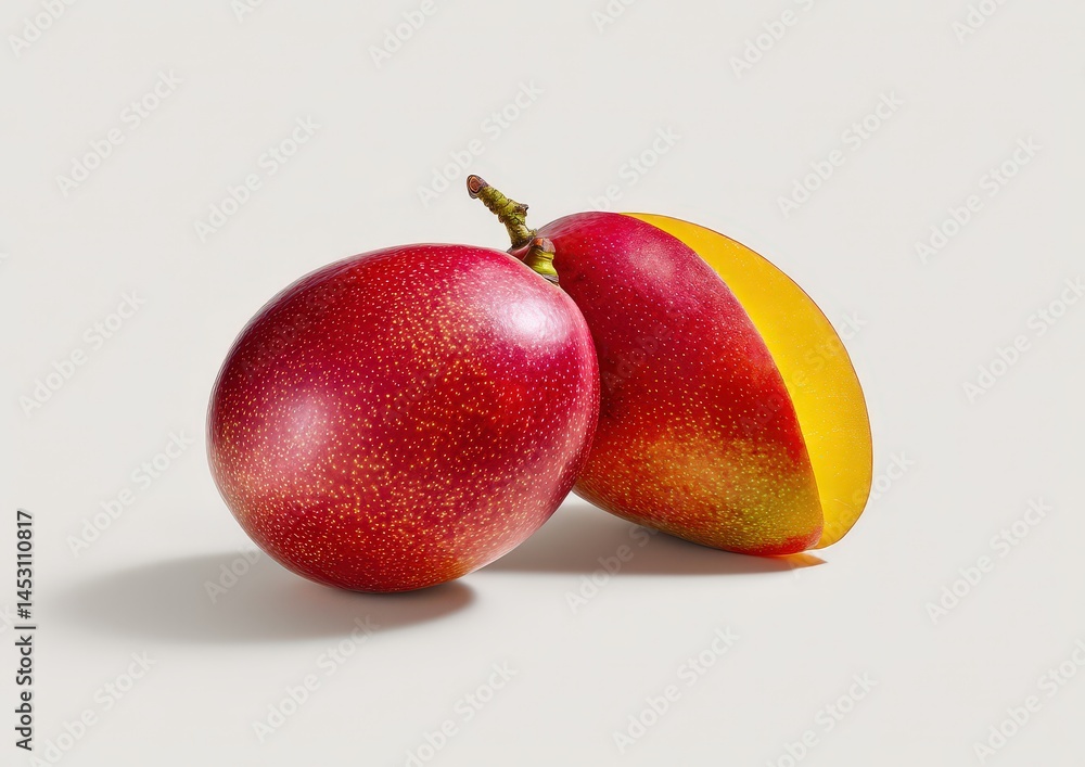 Fototapeta premium Vibrant ripe mango split on pale background.