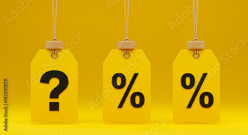 Three yellow tags hanging with question mark and percentage signs on a yellow background scene render