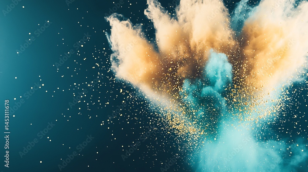 Fototapeta premium High resolution burst of teal yellow powder caught mid air on original backdrop showcasing real depth and natural tone balance with scattered particles and fine details