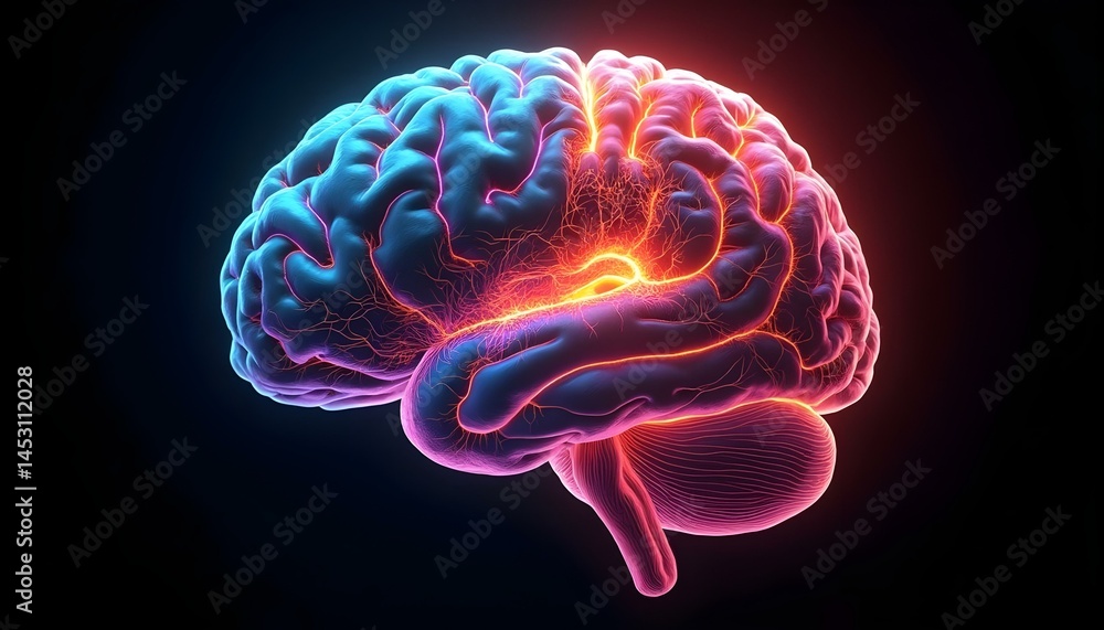 Glowing human brain illustration with neural pathways and synaptic activity, vibrant colors on dark background, futuristic visualization of brain function Glowing human brain illustration with neural pathways and synaptic activity, vibrant colors on dark background, futuristic visualization of brain function