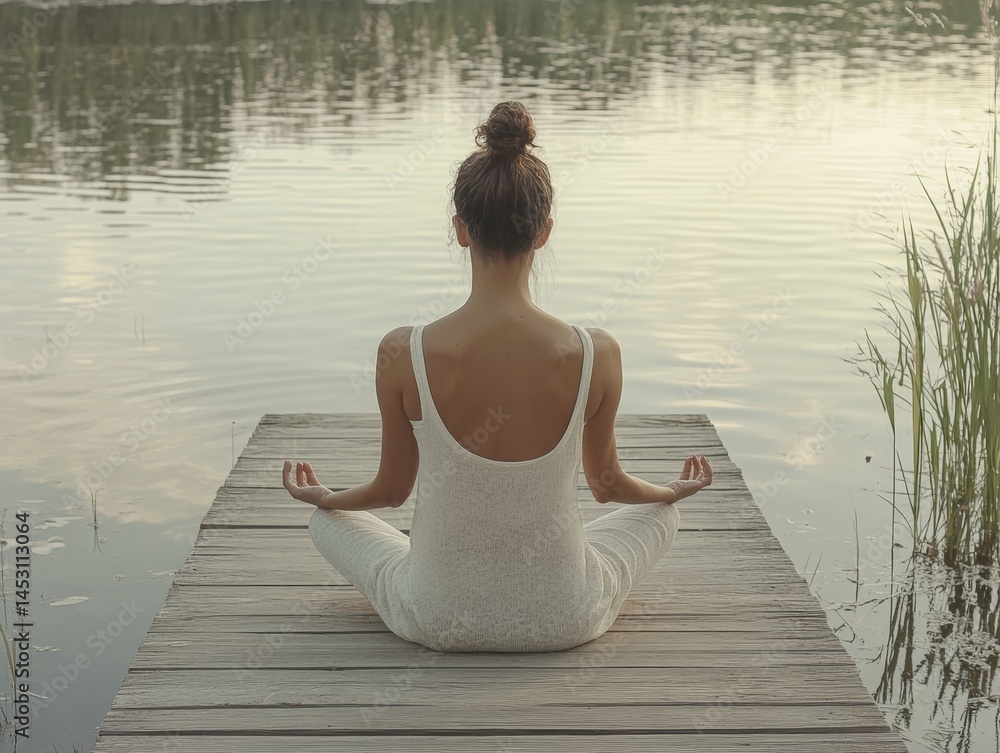 A person meditating on a dock by a lake