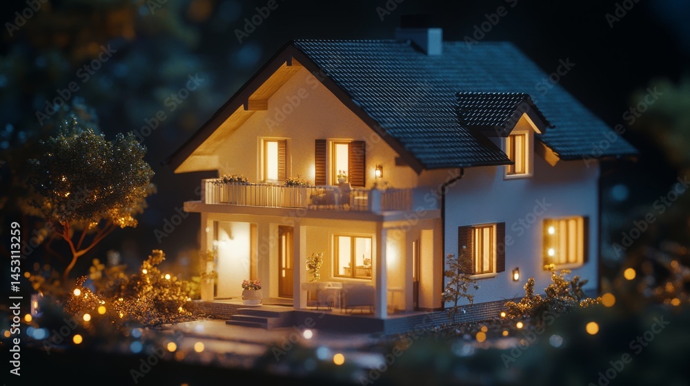 Chalet with several lit windows, warm lighting and wooden construction.