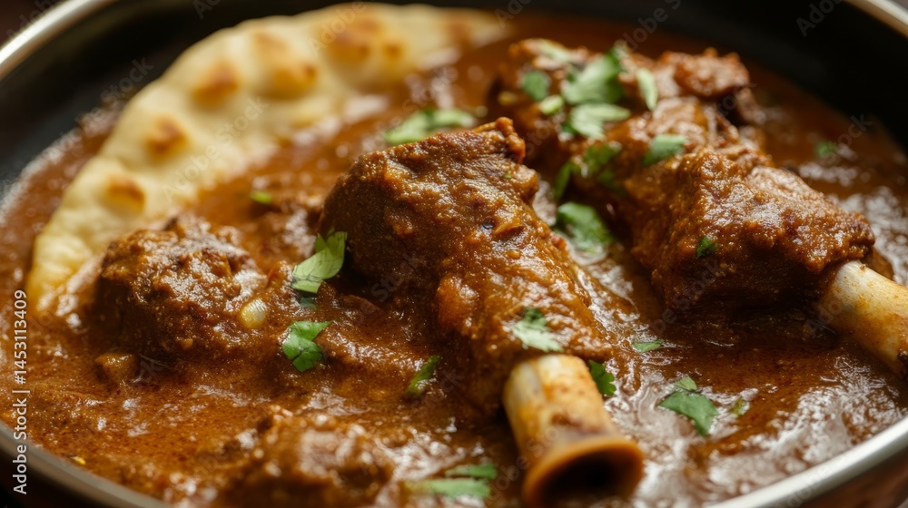 Lamb curry with naan bread served in a metal pan.