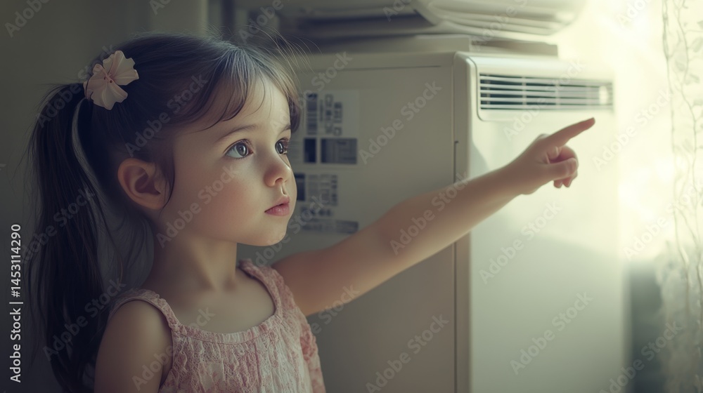 A little girl pointing at a white appliance. The girl is wearing a pink dress and has her hair in a ponytail