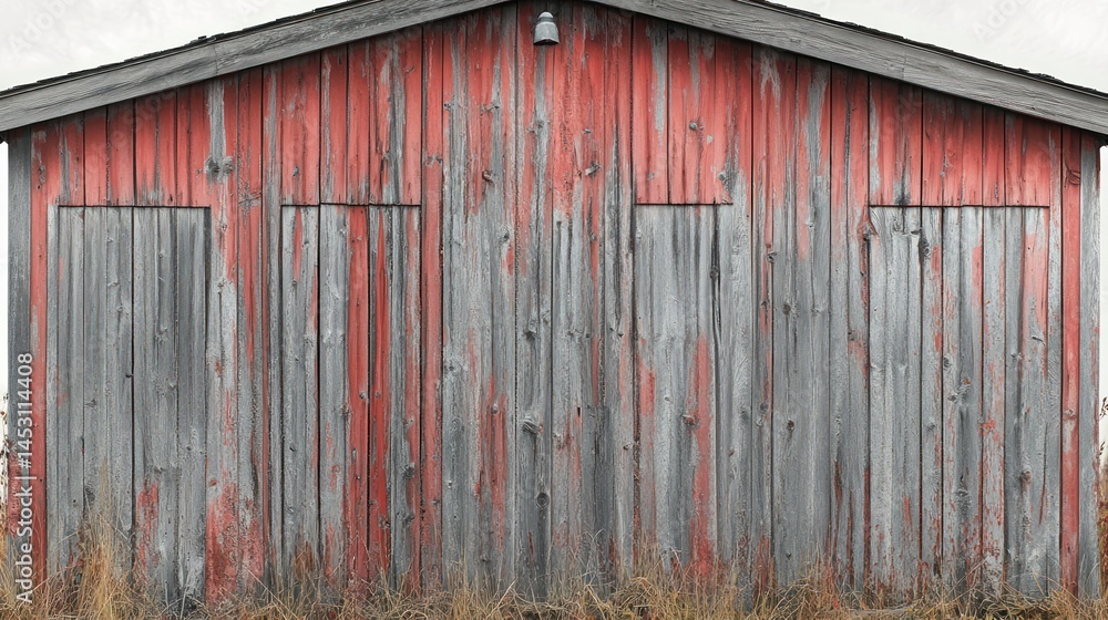 Naklejka premium Rustic red and gray wooden shed facade. Faded paint, weathered wood, simple double doors